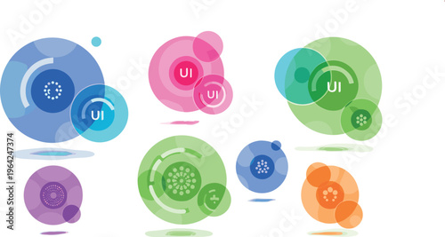 Modern UI bubble elements vector set with circular interface components, layered transparent shapes, colorful data widgets and abstract dashboard design graphics