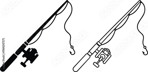 Black silhouette and outline of a fishing rod with reel and hook for outdoor sports fishing equipment and hobby branding