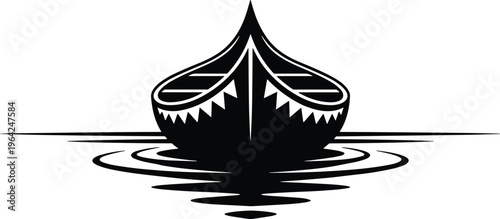 Black canoe boat silhouette floating on calm water ripples, tribal wooden kayak illustration, nautical transport symbol, isolated vector graphic design