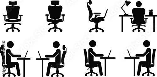 Flat vector illustration of office chairs, desk silhouettes, ergonomic seating, workplace icons, laptop users, office furniture, posture, design