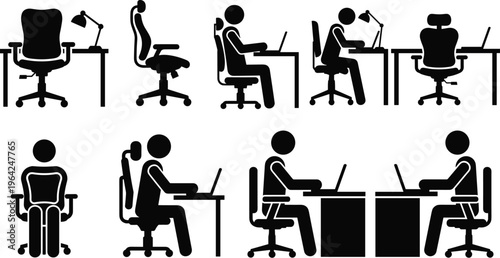 Flat vector illustration of office workspace, ergonomic chairs, desks, laptops, workers, posture icons, furniture, productivity, remote work, design