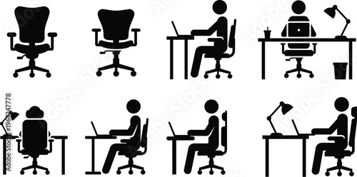Flat vector illustration of office workspace, ergonomic chairs, desk silhouettes, laptop users, workplace icons, posture, furniture, productivity, design