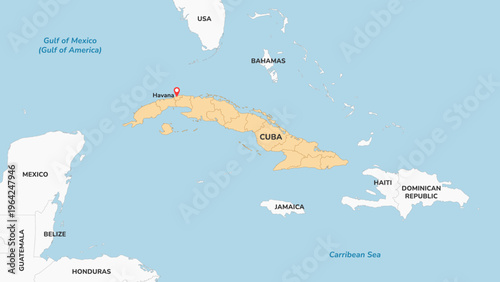 Map of Cuba island with Havana city pin in Caribbean Sea. Political geography layout showing USA Mexico Bahamas and Central America borders for travel. Vector illustration.