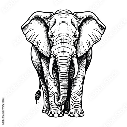 Detailed illustration of an elephant facing forward with large ears and tusks