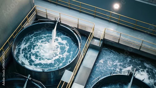 Industrial facility using large tanks and advanced infrastructure to treat and purify water, creating clean effluent for various applications and ensuring environmental safety
