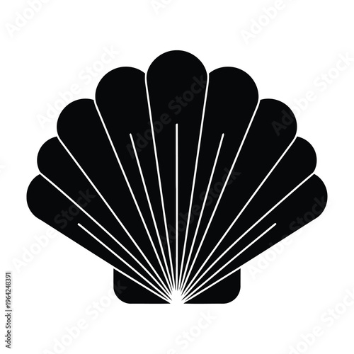 Black scallop shell with white lines on plain background, symbolizing ocean, sea, or beach