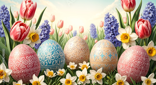 Ostereier im Frühlingsgarten mit Tulpen, Narzissen und Hyazinthen als Osterdekoration