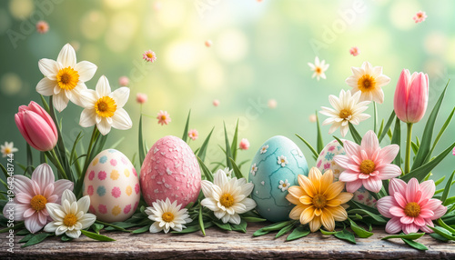 Ostereier mit Frühlingsblumen und Tulpen als Osterdekoration auf Holz vor grünem Bokeh-Hintergrund