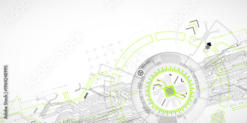 Abstract image of a computer chip in the middle of a wireframe sphere. Vector