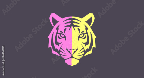 Stylized pink and yellow tiger head illustration on a dark background, geometric vector graphic with split colors