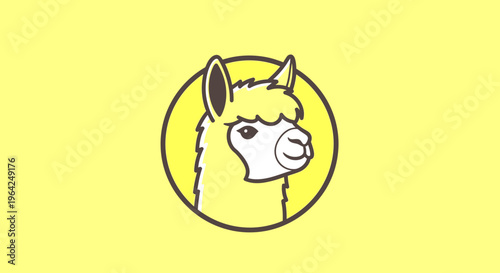 Cute cartoon llama head illustration in a yellow circle. Adorable furry animal icon or avatar design with a friendly expression.