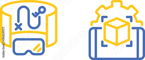 Abstract geometric designs featuring interconnected shapes and virtual reality elements