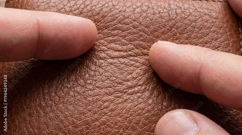 Fototapeta premium Macro Close Up of Fingers Feeling the Texture of a High-Quality Brown Leather Wallet on a Wooden Surface