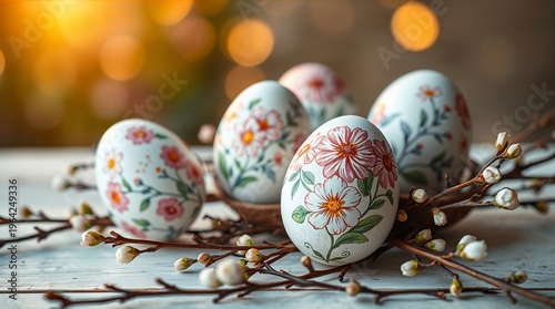 beautiful hand-painted Easter eggs in soft pastel colors with delicate cherry blossom and daisy floral patterns