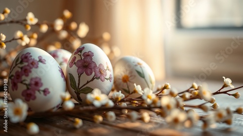 beautiful hand-painted Easter eggs in soft pastel colors with delicate cherry blossom and daisy floral patterns