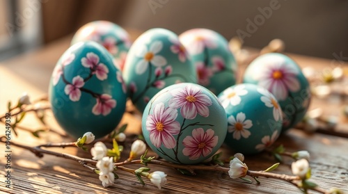 beautiful hand-painted Easter eggs in soft pastel colors with delicate cherry blossom and daisy floral patterns