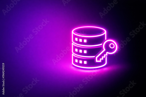 Neon purple database icon with a key glowing brightly on a dark background
