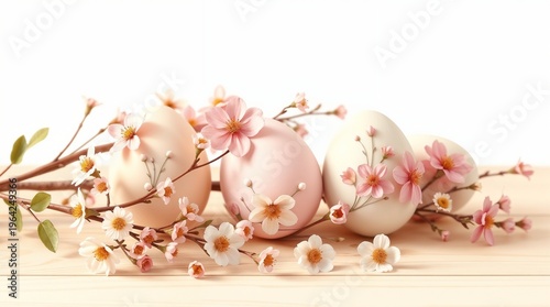 beautiful hand-painted Easter eggs in soft pastel colors with delicate cherry blossom and daisy floral patterns