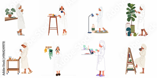 Set of flat illustrations depicting women in white bathrobes enjoying morning coffee and self-care routines in various home settings.