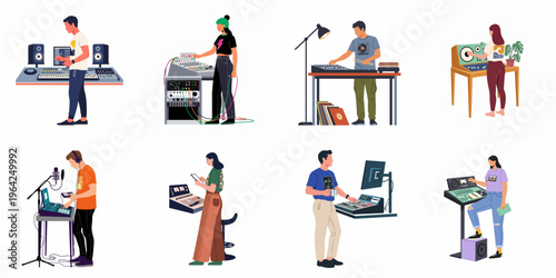 A collection of diverse music producers and sound engineers working with professional audio equipment in recording studio environments, flat vector illustration.