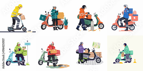Collection of diverse delivery couriers using electric scooters and mopeds to deliver food, packages, and groceries in urban environments.