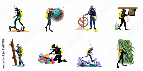 Collection of flat illustrations depicting scuba divers exploring underwater environments, shipwrecks, and marine life.
