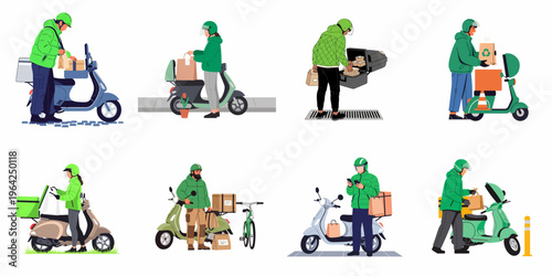 Collection of delivery couriers in green uniforms with scooters and bicycles, carrying food orders and packages, isolated on a white background.