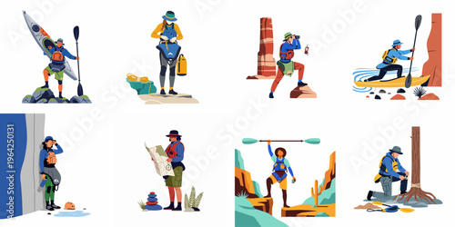 Collection of flat vector illustrations depicting people engaged in various outdoor adventure activities like kayaking, scouting, and canyoning in rocky wilderness environments.