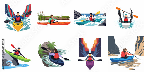 Collection of vector illustrations showing people kayaking in diverse settings like whitewater rapids, calm lakes, scenic canyons, and coastal waters.