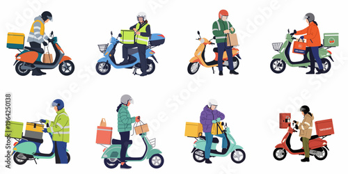 A collection of various delivery couriers on motor scooters with thermal boxes and bags, isolated on a white background for food and parcel delivery.