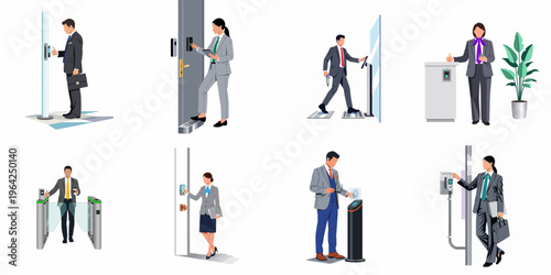 Business people using modern biometric and digital security access control systems in a corporate office environment