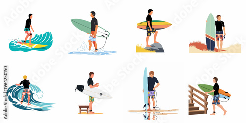 A collection of various male surfer characters in different poses, from riding ocean waves to carrying surfboards on the beach, flat vector illustration style.
