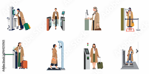 Set of flat illustrations showing a female traveler using various biometric security systems, facial recognition kiosks, and automated gates at an airport.