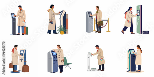 Set of flat vector illustrations showing travelers using various automated self-service kiosks, check-in machines, and border control terminals at an airport.