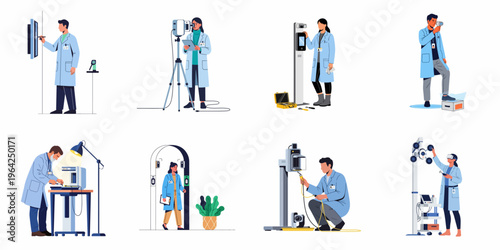 Set of flat illustrations showing scientists and engineers in lab coats working with advanced technology, medical equipment, and modern laboratory machinery.