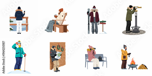 Collection of Flat Vector Illustrations Featuring People Enjoying Various Winter Resort Activities, Including Skiing, Sightseeing, and Relaxing by a Campfire.