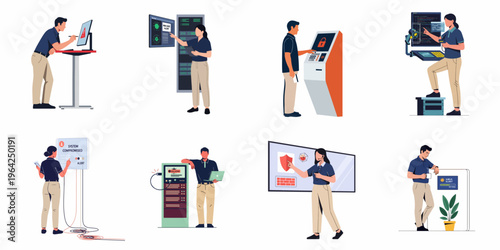 Diverse cybersecurity and IT support professionals monitoring systems, handling malware alerts, and ensuring data protection in various technical scenarios.