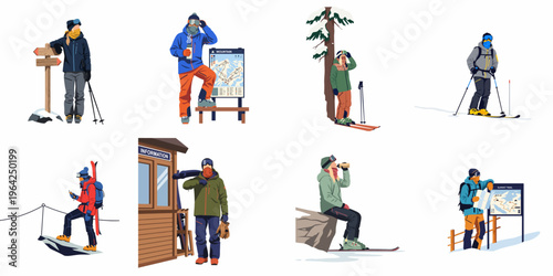 Collection of flat vector illustrations featuring diverse skiers and hikers in winter clothing engaged in various mountain resort activities against a white background.