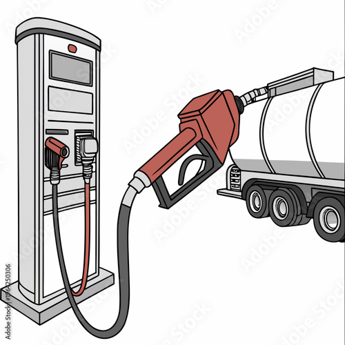 An illustration of a gas pump nozzle filling a large truck tank with fuel at a station