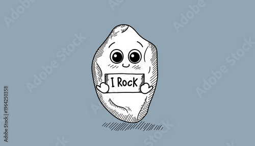 Cute Hand drawn Cartoon Rock Character Holding i Rock Sign