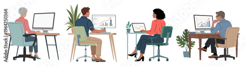 Set of people work at desks with computers and charts. They focus intently on screens displaying business graphs. Plant adds greenery beside each workstation. The calm scene suggests teamwork