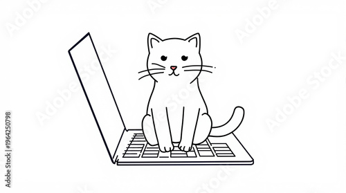 Cute White Cat Sitting on Laptop Keyboard, Minimalist Line Drawing