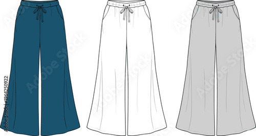 Technical flat vector illustration of women wide leg drawstring trousers in blue white and grey for apparel cad drawing design