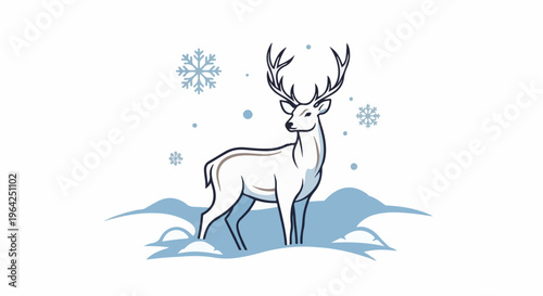 A white deer with large antlers stands in a snowy landscape with snowflakes falling
