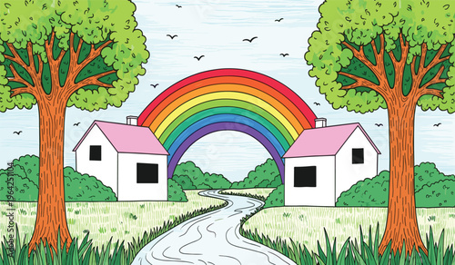Colorful countryside landscape, rainbow arch, two houses, winding path, green trees, blue sky, flying birds, scenic nature, cheerful rural illustration, harmony