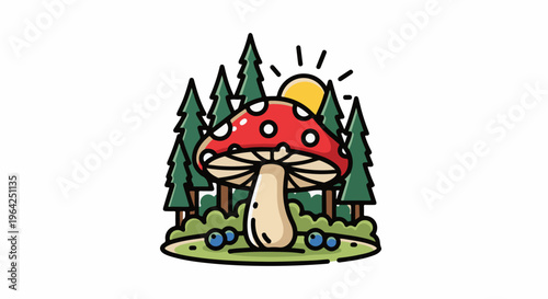 A stylized red-and-white mushroom grows in a forest clearing at sunrise