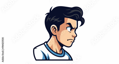Animated profile of a young man with dark hair and an angry expression