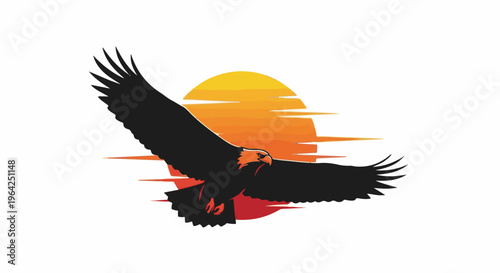 Black eagle soars against a sunset with brushstroke style