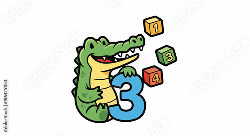 Cartoon alligator holding a blue number 3 and juggling blocks with numbers