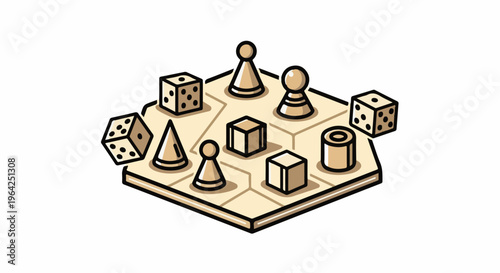 Isometric view of a board game with pawns, cubes, and dice on a light brown surface